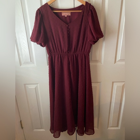 JESSAKAE Highbury Burgundy Swiss Dot Chiffon V-Neck Puff Sleeve Midi Dress XL - Picture 2 of 10